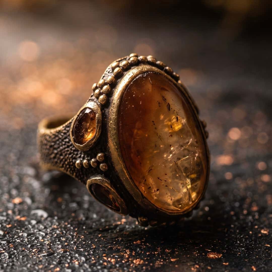 Art-directed close-up of the same ornate amber ring on dark stone in warm light