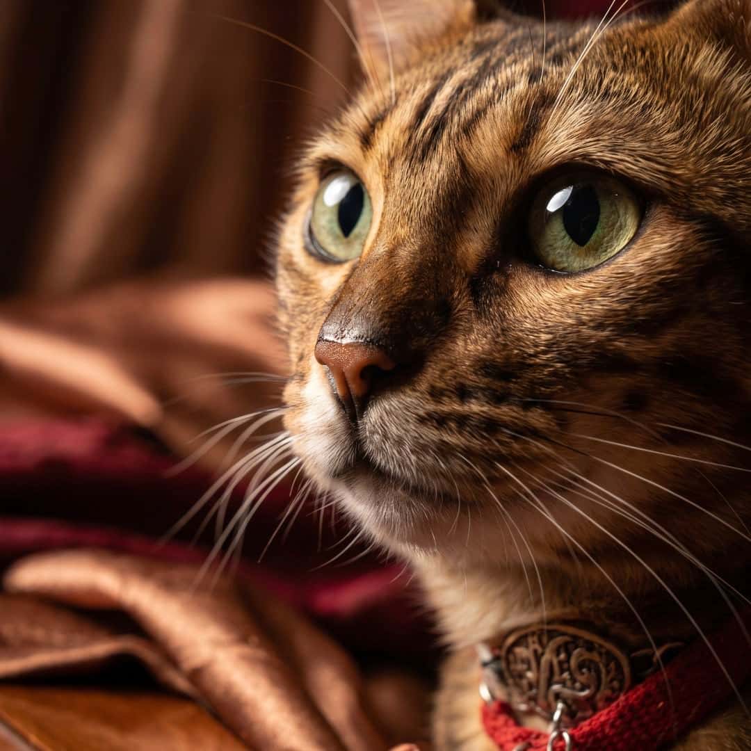Art-directed close-up portrait of the same Bengal cat in warm window light