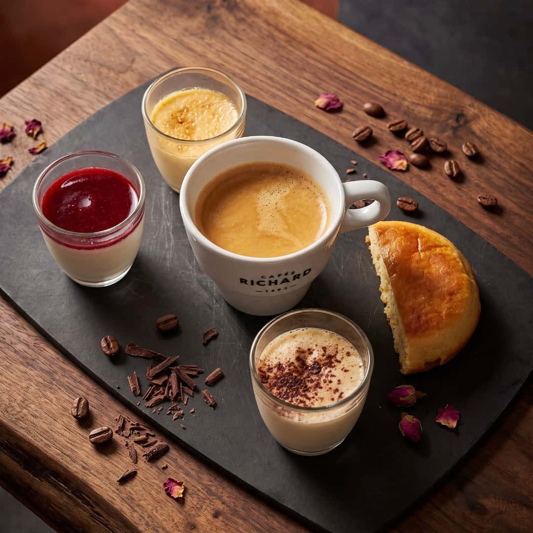 Art-directed café gourmand with the same coffee, desserts, and cake on dark slate and warm wood