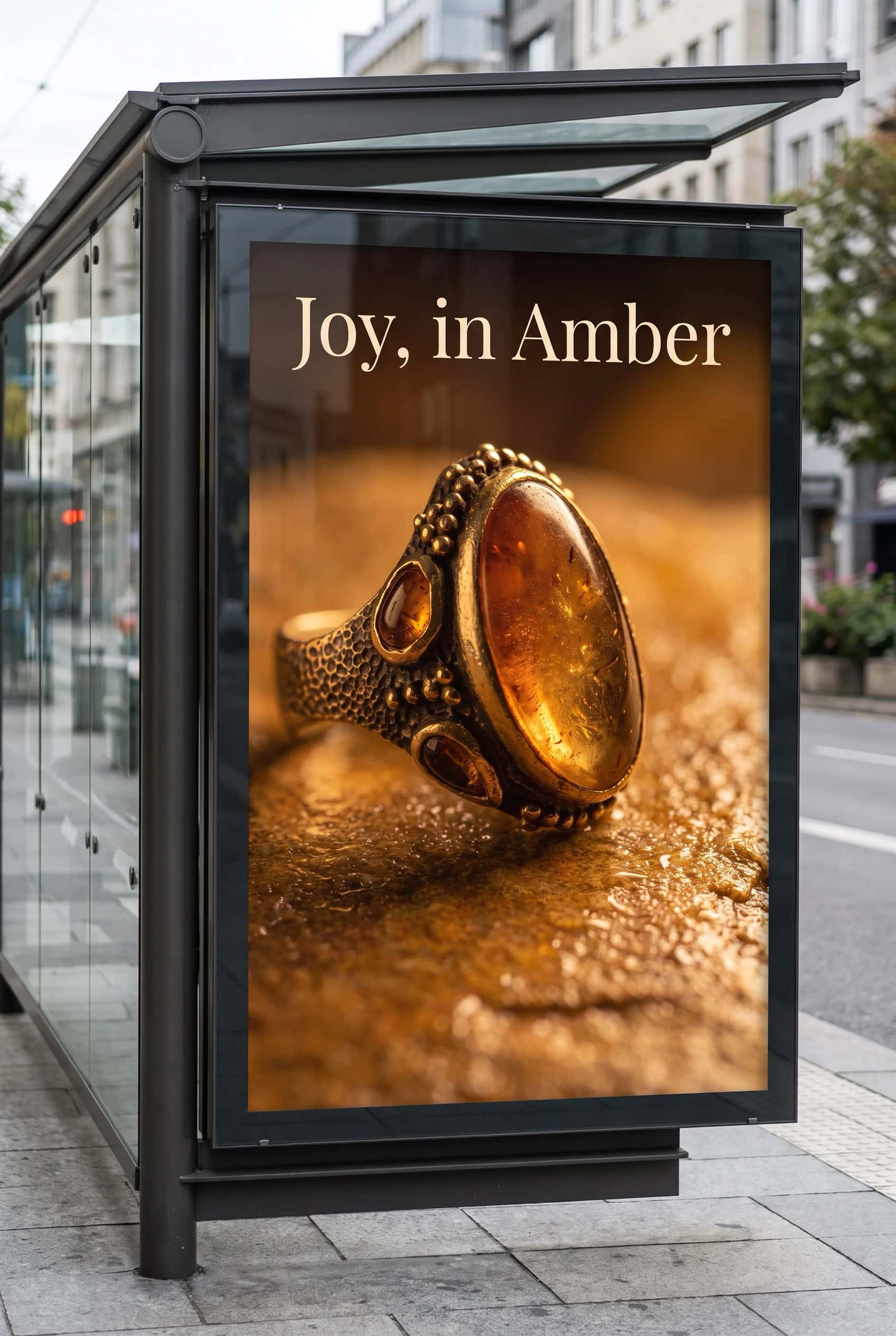 Outdoor advertising display featuring the amber-stone ring in a city bus shelter