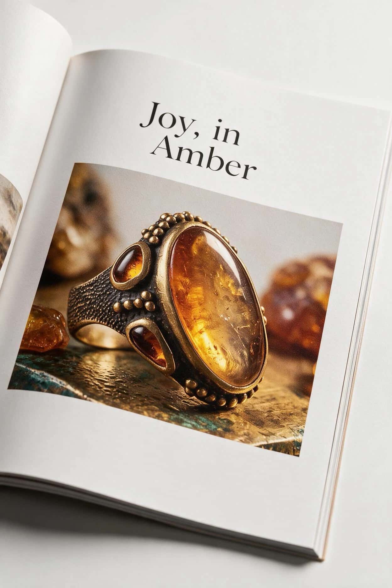 Open product catalog featuring the amber-stone ring