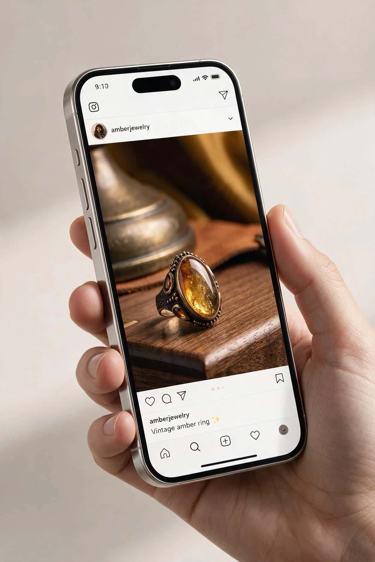Phone displaying a social media post featuring the amber-stone ring