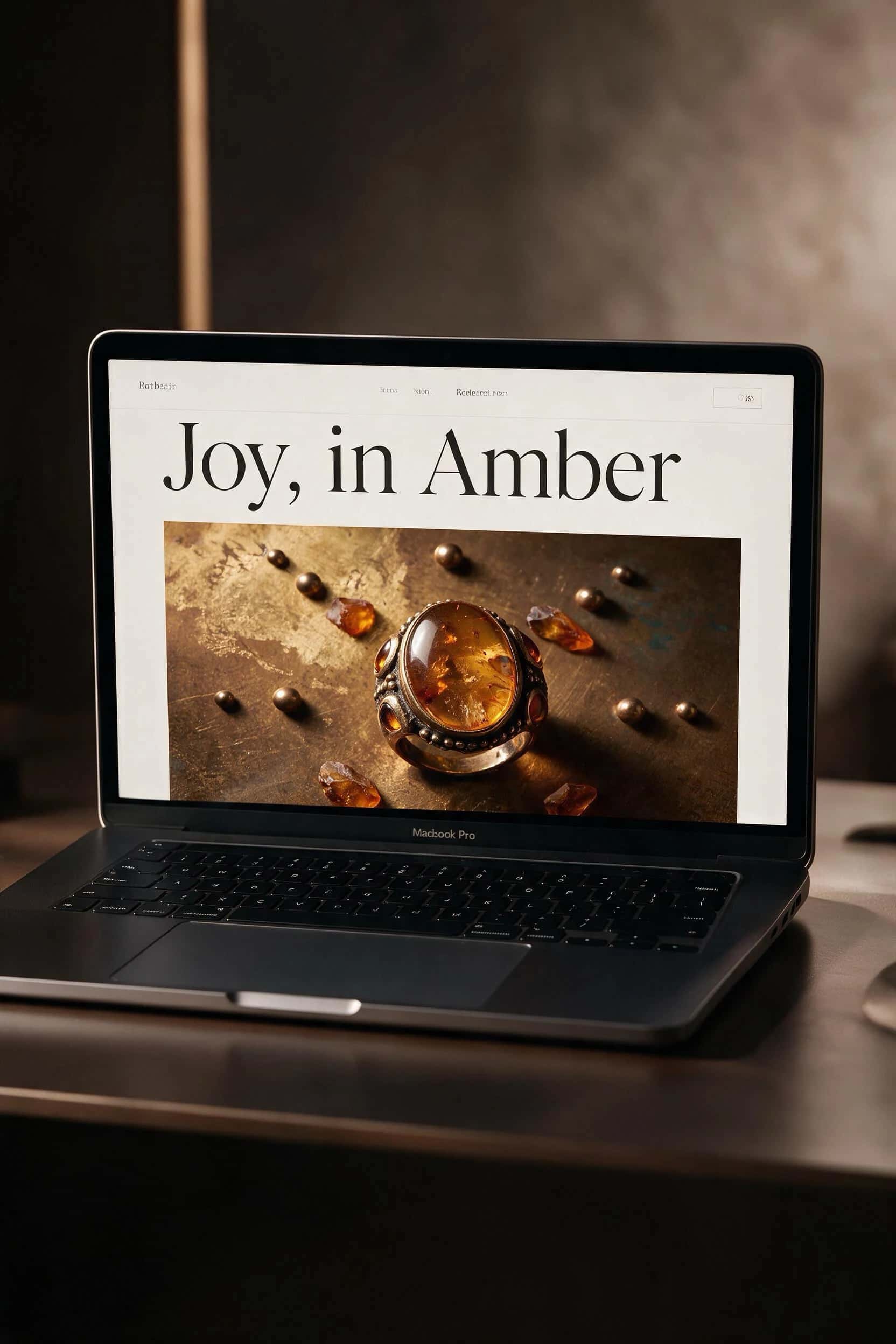 Laptop displaying a product website for the amber-stone ring