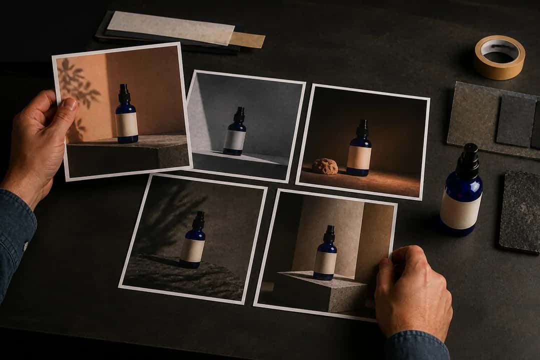 Hands comparing five printed visual directions for the same cobalt-blue bottle.
