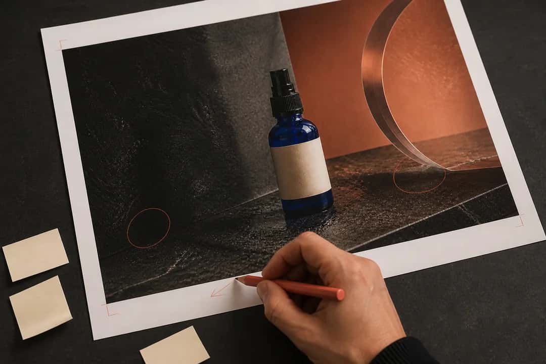 A hand marking review notes on a printed proof of the finished bottle photograph.