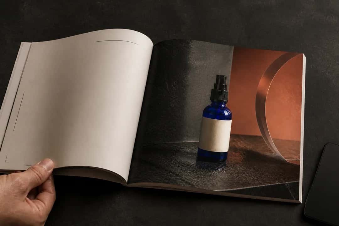 The finished cobalt-blue bottle photograph placed in an open product catalog.