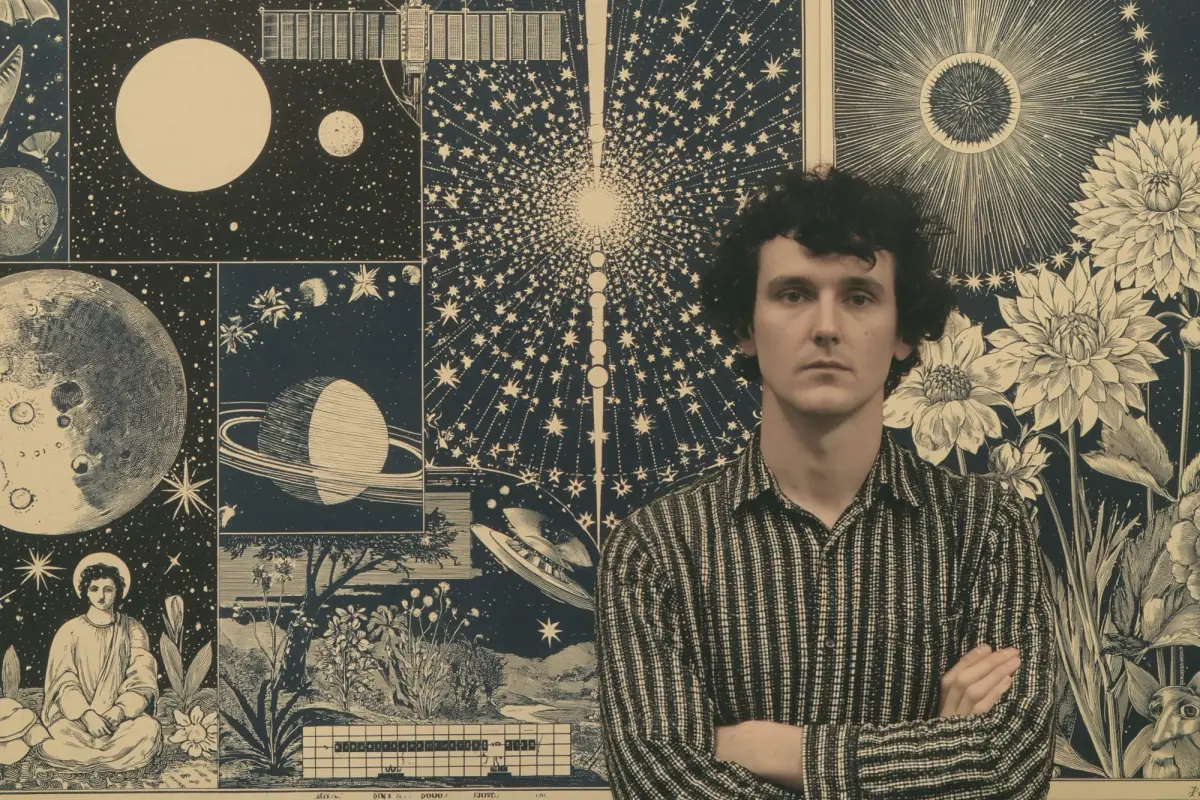 A lone figure standing against a vintage celestial engraving of planets, stars, and flowers.